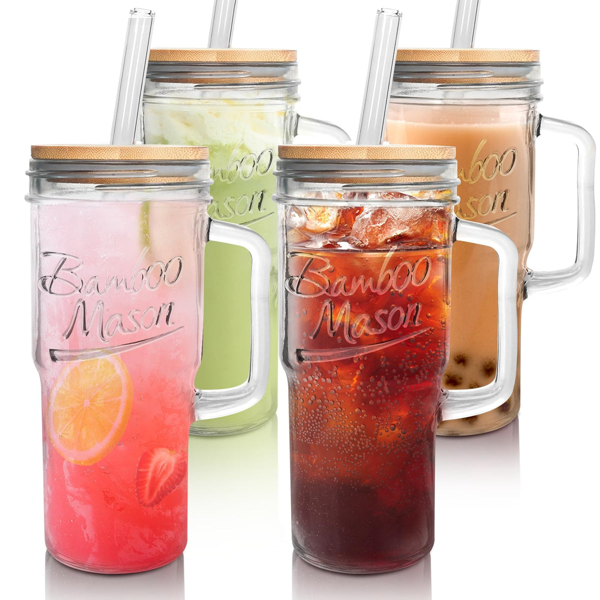 ANOTION Glass Cups With Lids And Straws, Leakproof Tumbler Mason Jar Coffee Cup, Cap Cup Leak-Proof with Straw, Reusable Iced Coffee Smoothie Matcha Cup Aesthetic Coffee Gifts Women