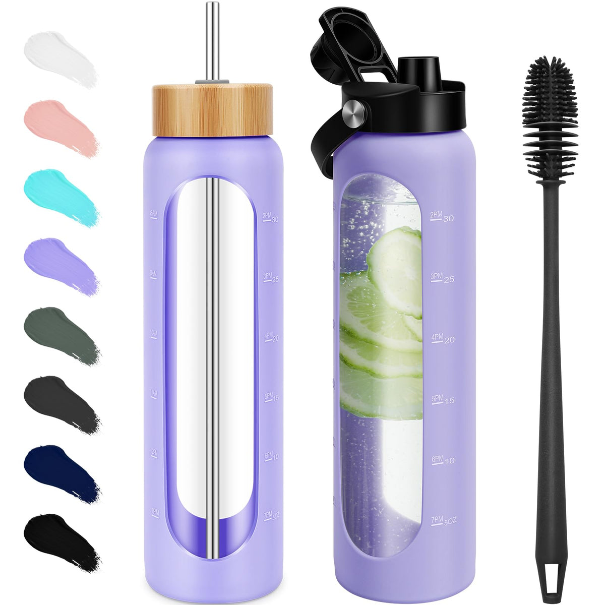 FULBEVY 32 oz Glass Water Bottles - 1 Liter Motivational Tumbler Water Bottle Time Marker - Borosilicate Glass Water Bottle With Silicone Sleeve and 2 Lids, Handle Spout & Bamboo Straw Lid (Olive)