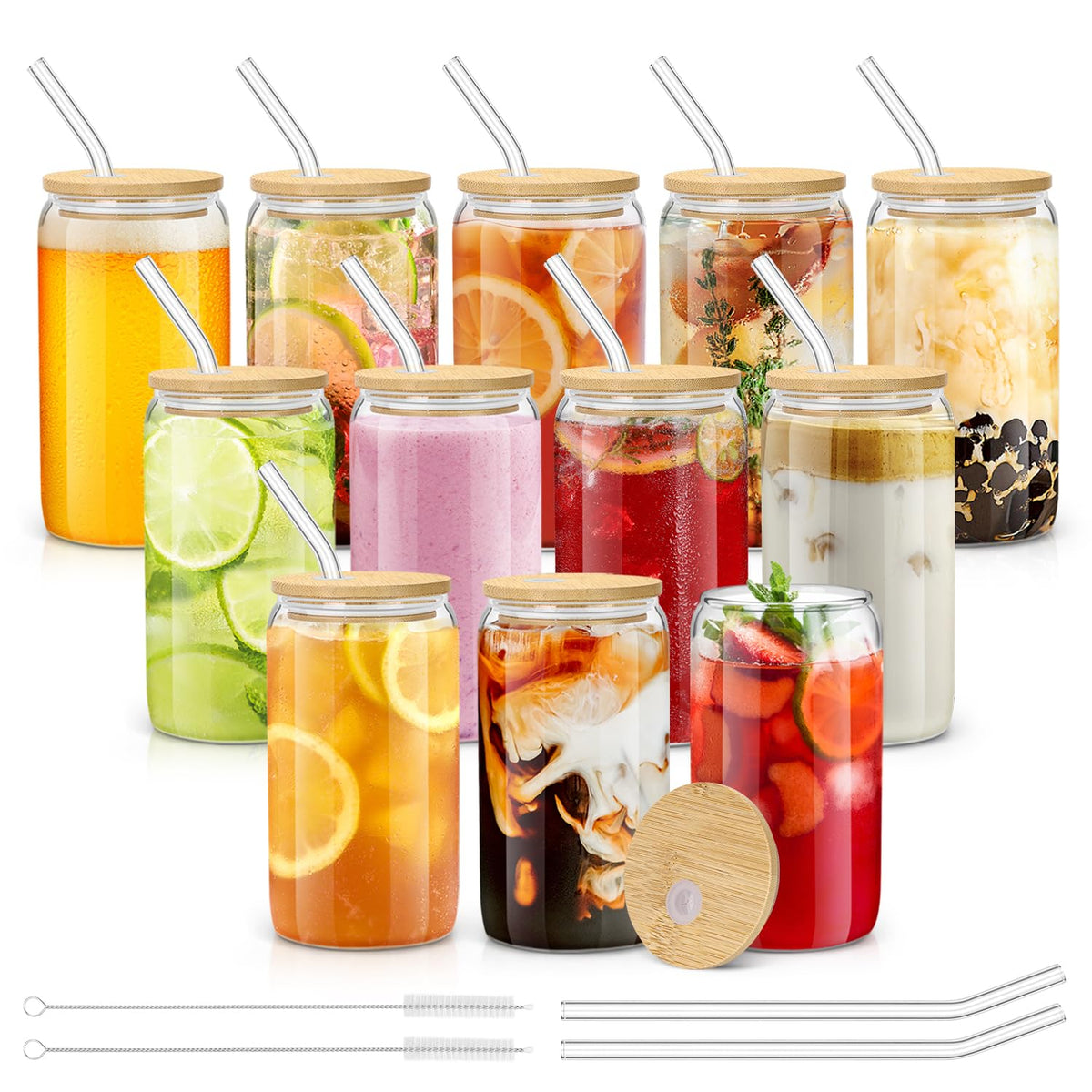 Glass Cups with Lids and Straws - 16 oz Glass Drinking Cups Set for Coffee