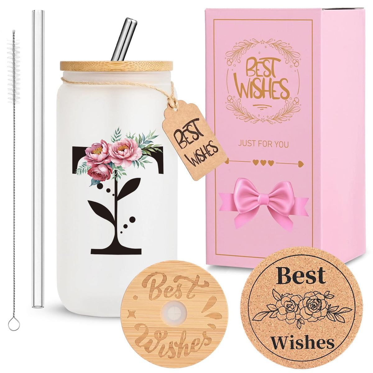 16oz Monogrammed Glass Tumbler, Frosted with Lid and Straw, Initial F
