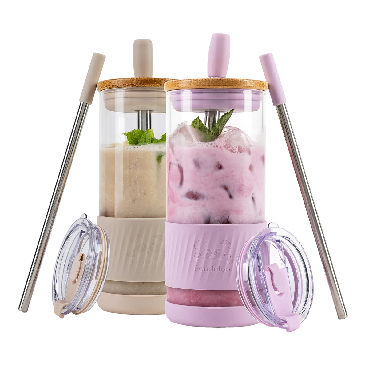 Pandaloo® Glass Cups With Lids and Straws -20 Fl Oz- Perfect Size Iced Coffee Cup - Smoothie Cup With Bamboo Lid and On the go Lid (Creamy Mushroom, 1 Count (Pack of 1)