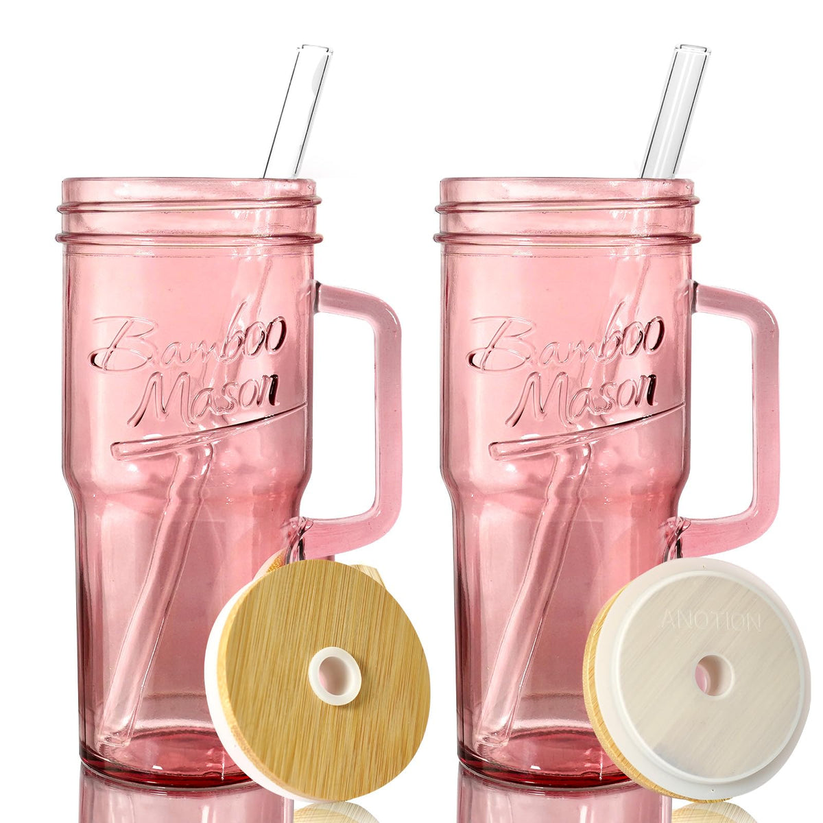 ANOTION Glass Cups With Lids And Straws, Leakproof Tumbler 24oz Mason Jar Coffee Cup, Cap Cup Leak-Proof, Silicone Straw, Reusable Iced Coffee Smoothie Matcha Cup Aesthetic Coffee Gifts Women 2pc