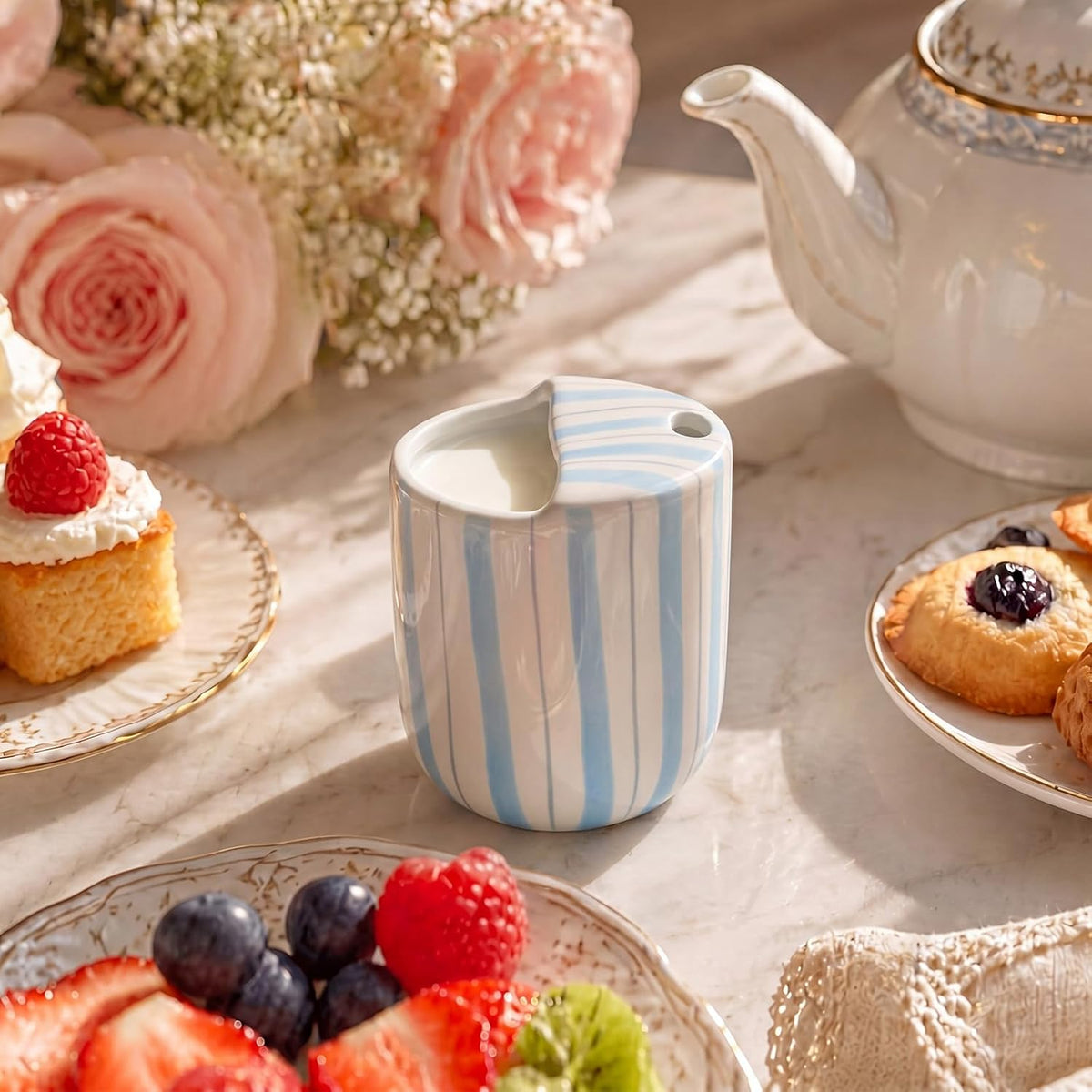 1 Pcs Ceramic Mug with Sip Hole 10 oz Light Blue Striped