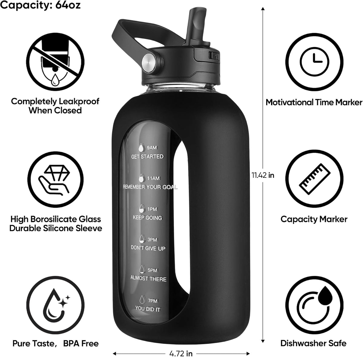 CIVAGO 64 oz Glass Water Bottle Jug with Detachable Straw and Time Maker