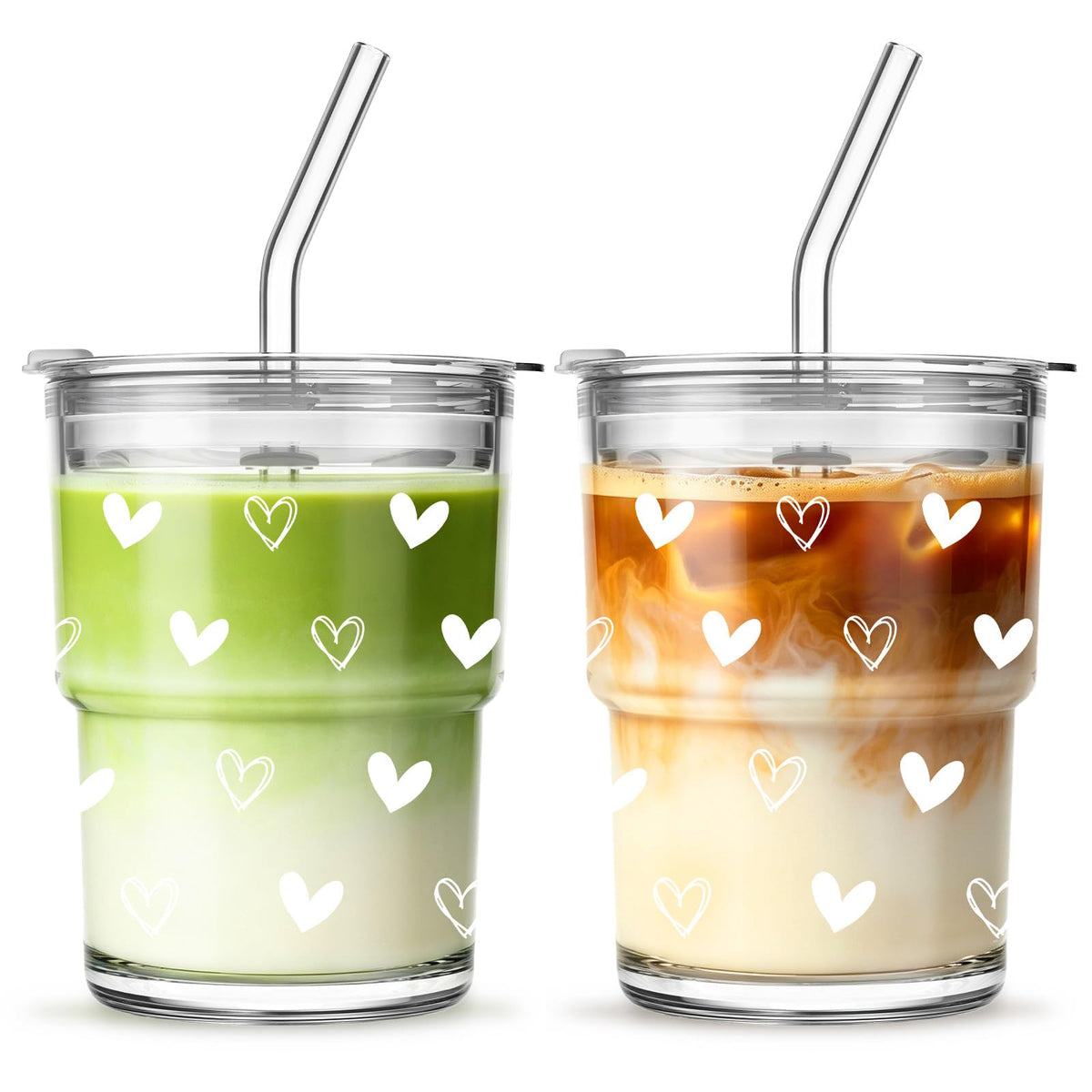 INSETLAN 20 oz Iced Coffee Cups with Lids and Straw, Set of 2 Glass Tumbler