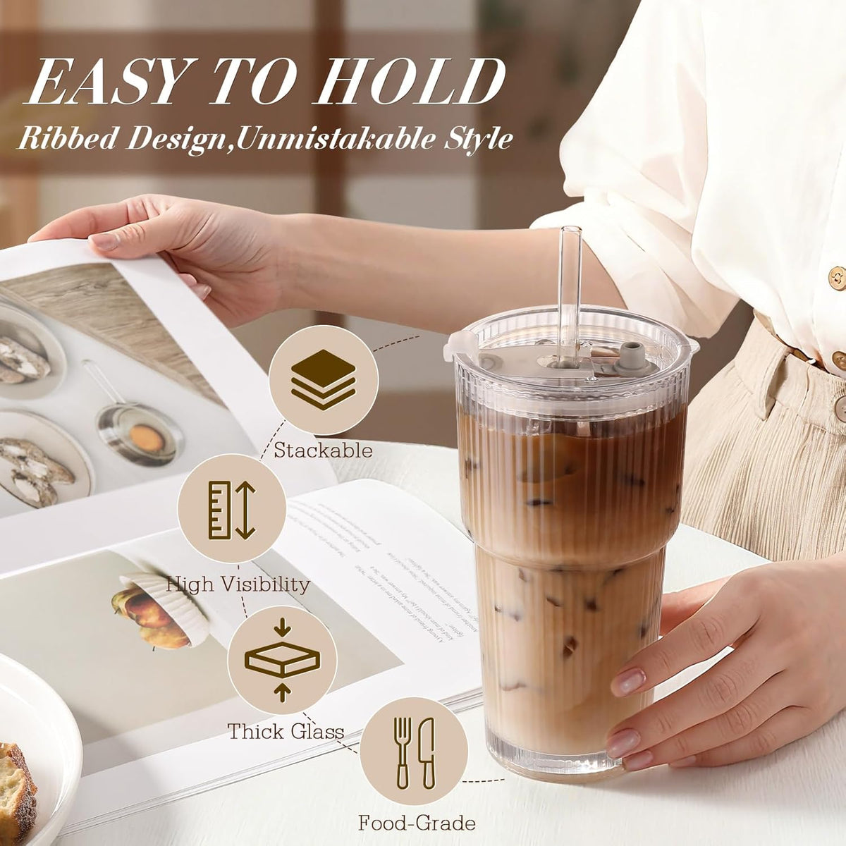 Iced Coffee Cups with Lids,Glass Cups with Lids and Straws,2 Coffee Tumbler