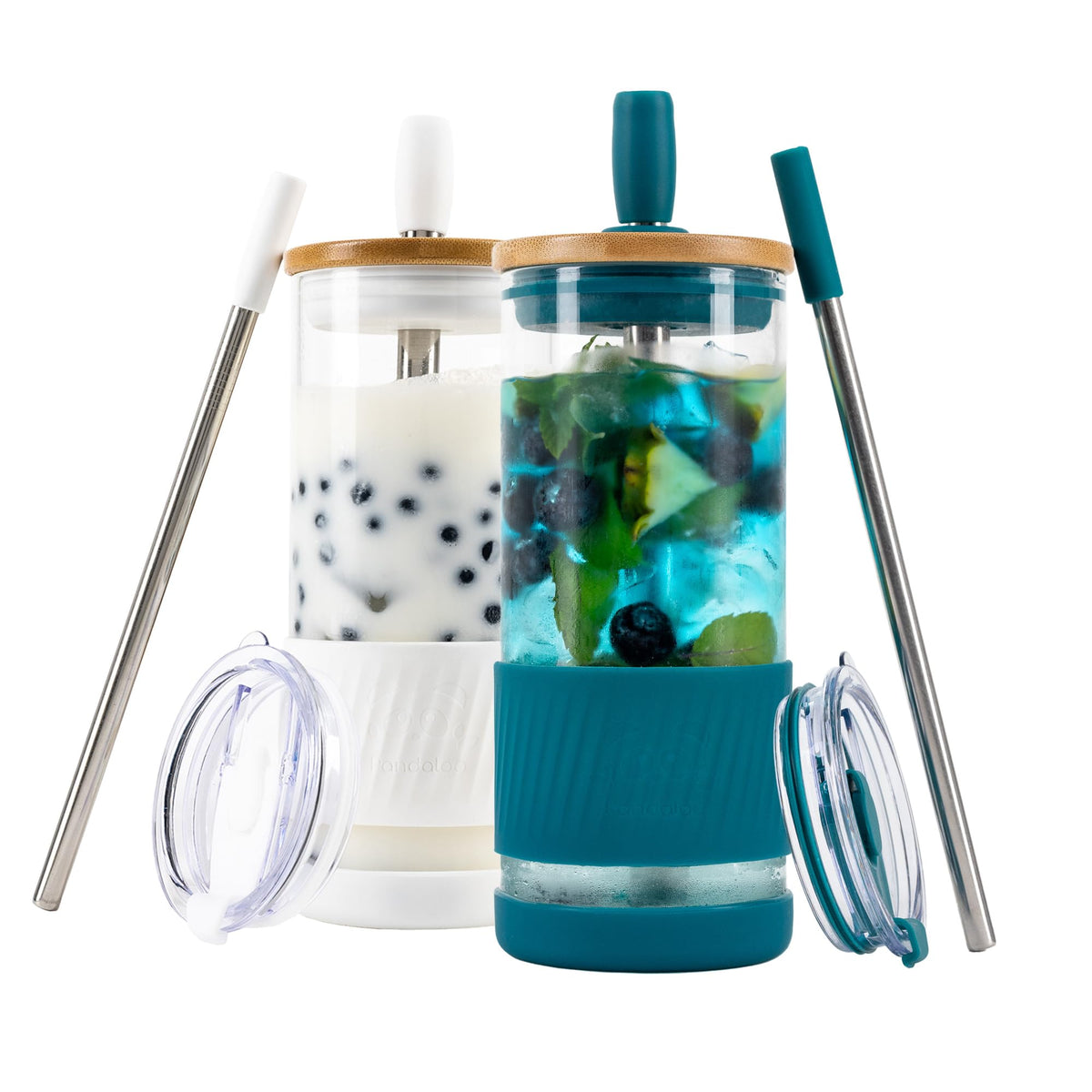 Pandaloo® Glass Cups With Lids and Straws -20 Fl Oz- Perfect Size Iced Coffee Cup - Smoothie Cup With Bamboo Lid and On the go Lid (Creamy Mushroom, 1 Count (Pack of 1)