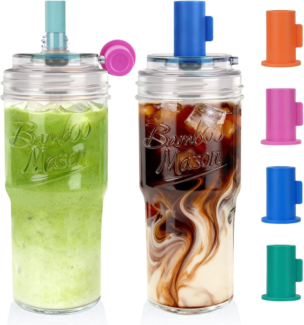 ANOTION Glass Cups With Lids And Straws, Leakproof Tumbler 24oz Mason Jar Coffee Cup, Cap Cup Leak-Proof, Silicone Straw, Reusable Iced Coffee Smoothie Matcha Cup Aesthetic Coffee Gifts Women 2pc