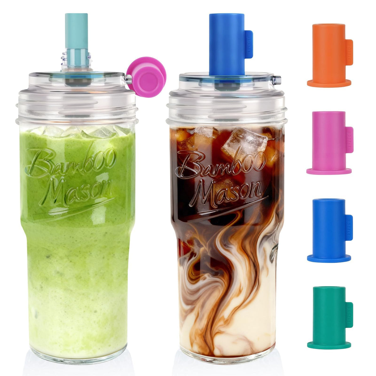 ANOTION Glass Cups With Lids And Straws, Leakproof Tumbler 24oz Mason Jar Coffee Cup, Cap Cup Leak-Proof with Straw, Reusable Iced Coffee Smoothie Matcha Cup Aesthetic Coffee Gifts Women 2pc