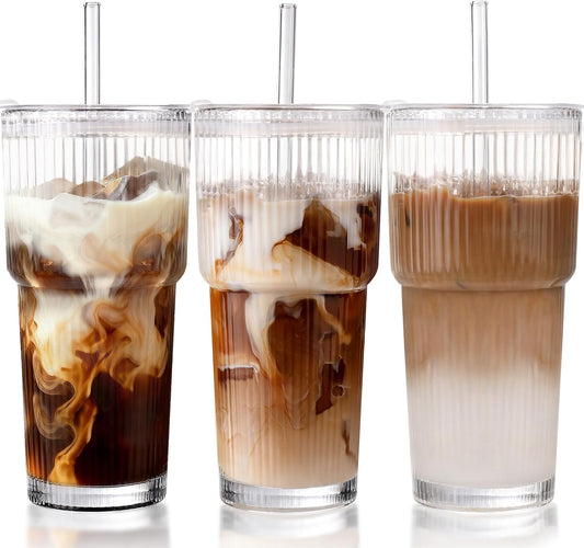 Iced Coffee Cups with Lids,Glass Cups with Lids and Straws,3 Coffee Tumbler