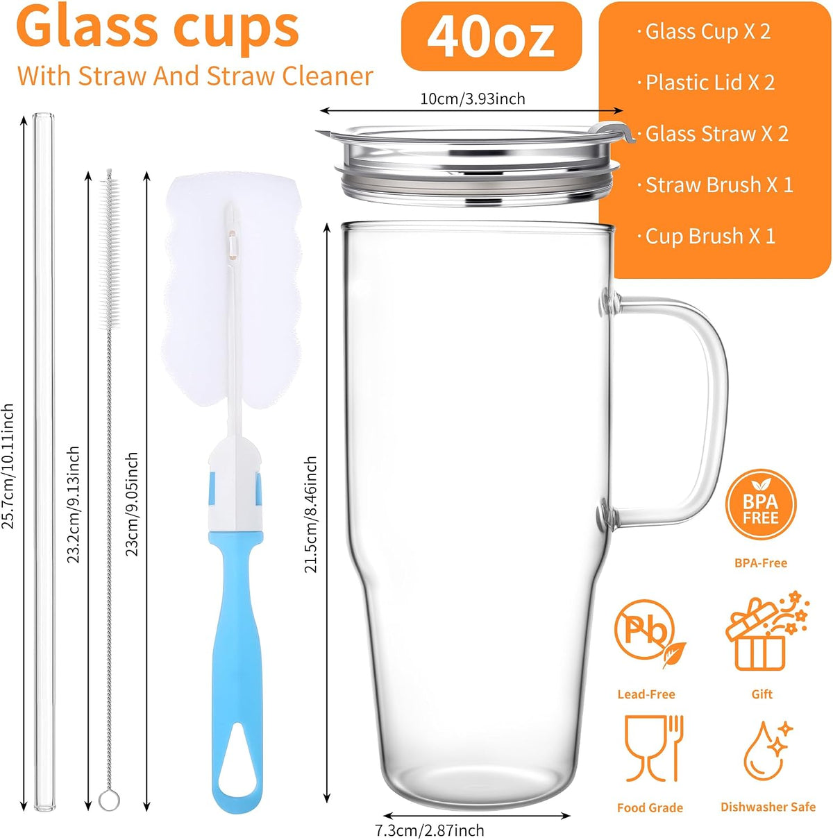 Birity 2Pack 40OZ Glass Tumbler with Handle,Glass Cup with Lid and Straw,Reusable Glass Iced Coffee Cup for Beer, Smoothies, Juice,Hot/Cold Drinks-Suitable for Birthday,Wedding