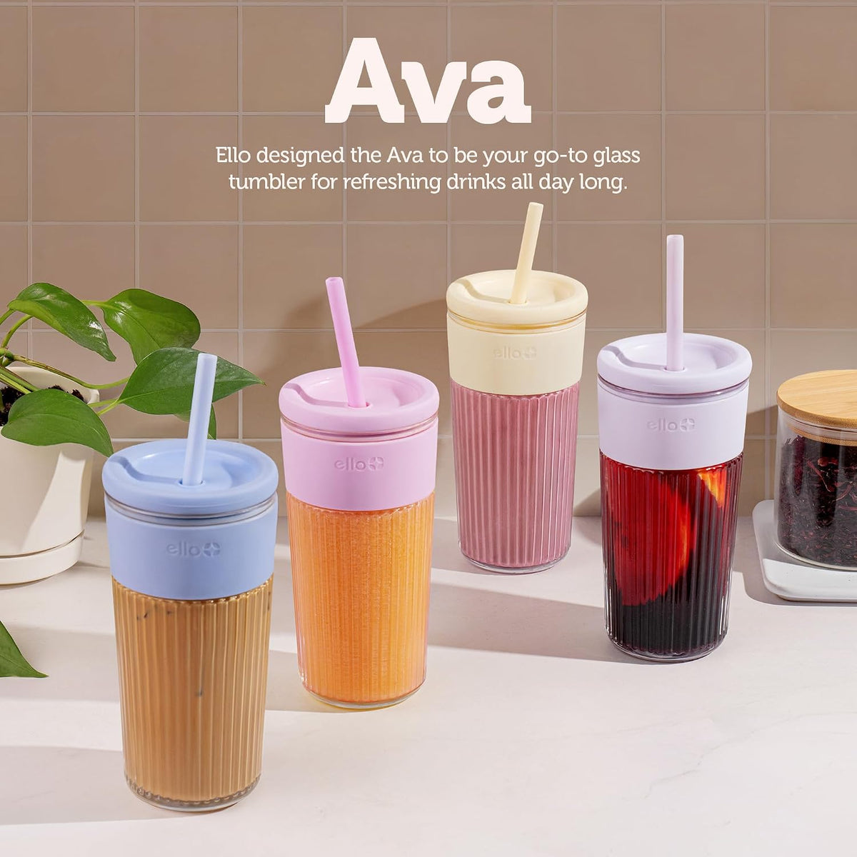 Ello Ava 18oz Glass Tumbler with Straw and Lid for Iced Coffee, Blueberry