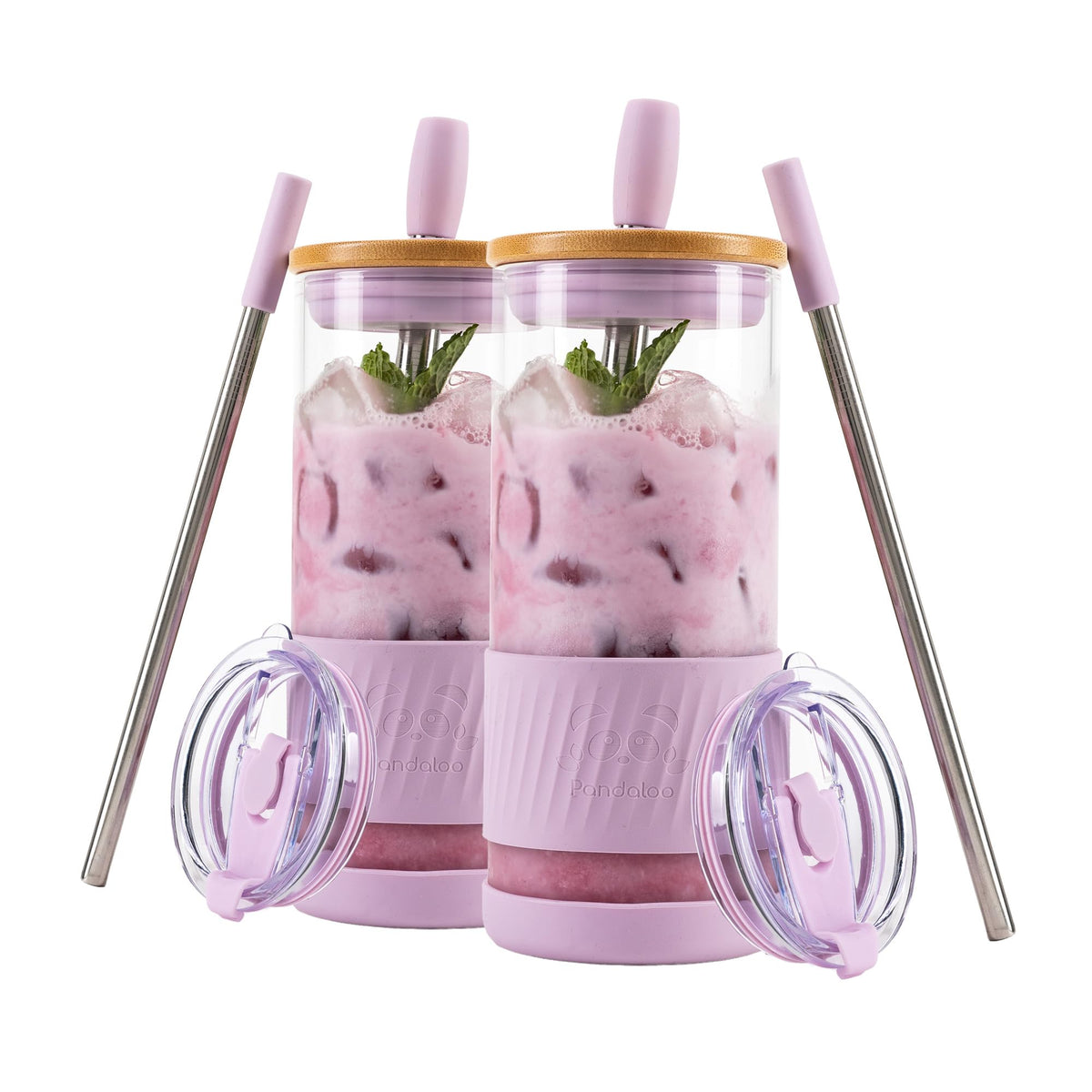 Pandaloo® Glass Cups With Lids and Straws -20 Fl Oz- Perfect Size Iced Coffee Cup - Smoothie Cup With Bamboo Lid and On the go Lid (Creamy Mushroom, 1 Count (Pack of 1)