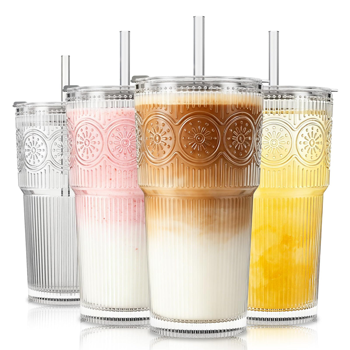 SoulTimes 20oz Ribbed & Floral Glass Tumbler with Lid and Straw – Iced Coffee Glasses Cups for Smoothie, Matcha, Juice, Water etc. Leakproof and Reusable Glassware Drinking for Travel To Go [2Pcs]