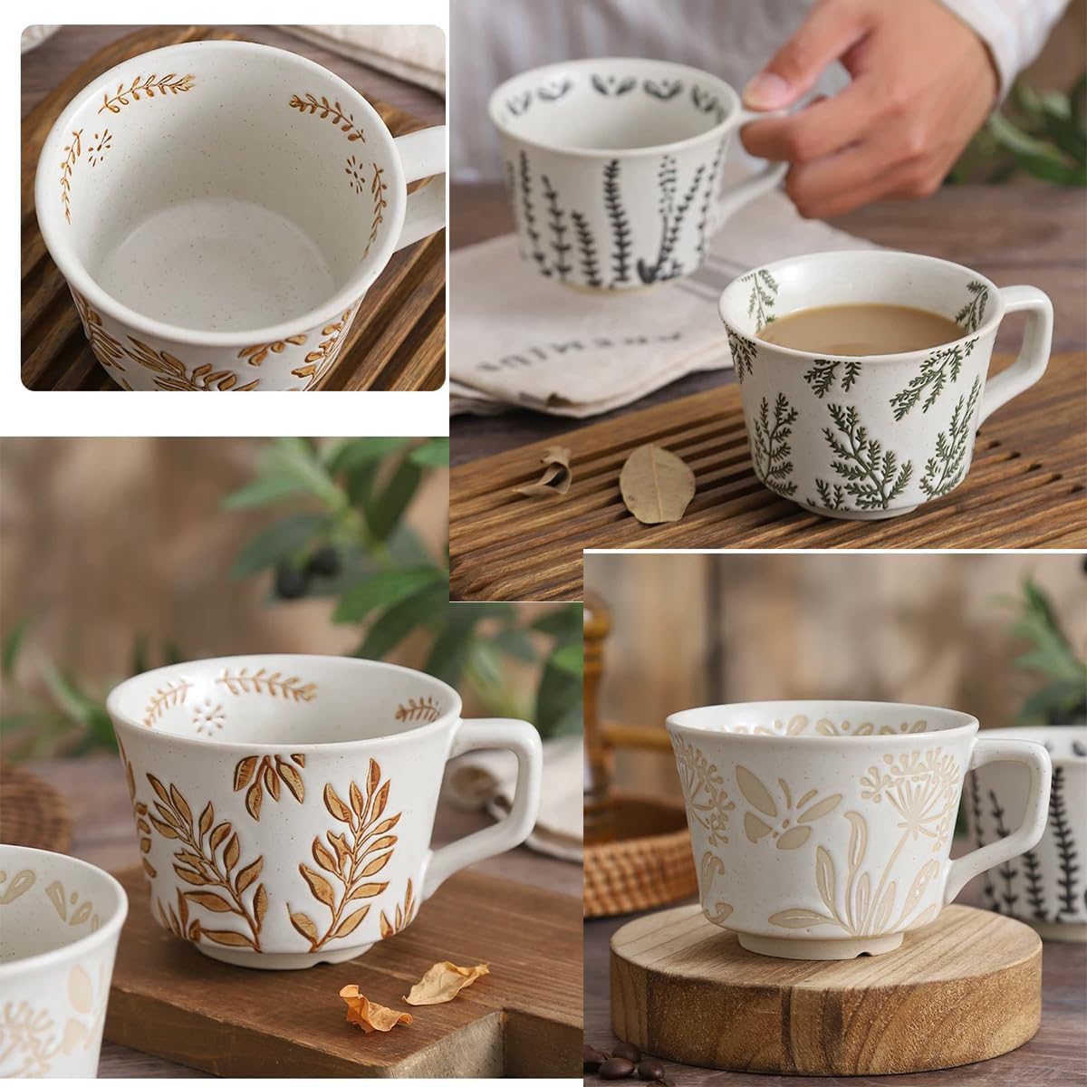 Ceramic Mug, 11oz - Vintage Cups Mug for Coffee Milk Latte Cappuccino Tea, Porcelain Cups Dishwasher Microwave Freezer Safe Stoneware (Brown Leaf Mug 1 pc)