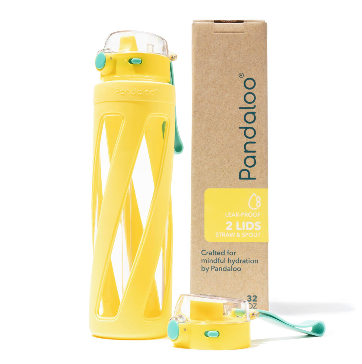 Pandaloo® Orbit 32 oz Glass Water Bottle with 2 Leak-Proof Lids (Straw & Spout), Wide Mouth, Borosilicate Glass, BPA-Free, Cup Holder Friendly for Gym, Work, Travel & Daily Hydration - Sage