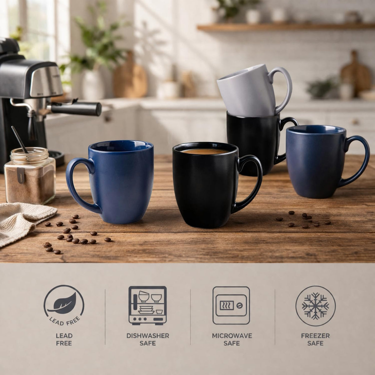 AmorArc 16 oz Coffee Mugs Set of 6, Large Ceramic Matte Black Coffee Cups