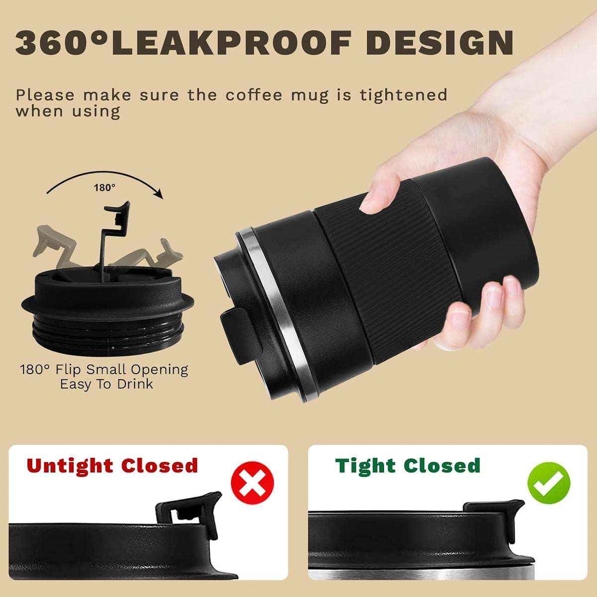 Vacuum Insulated Stainless Steel Travel Coffee Mug,Leak Proof Cup with Lid