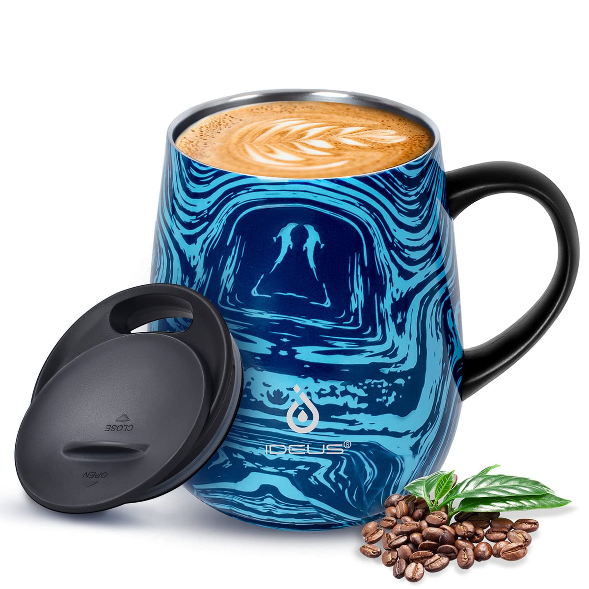 Ideus 16 oz Insulated Coffee Mug with Lid and Handle (Celadon, FUJI DAWN)