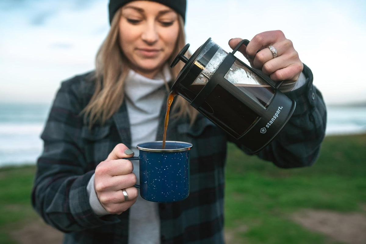 Stansport Enamel Coffee Mug with Stainless Steel Rim – Durable Camping Cup for Coffee, Tea & Hot Cocoa – For Backpacking, Hiking & RV – Classic Outdoor Style, Lightweight Drinkware, “Stay-Cool” Handle