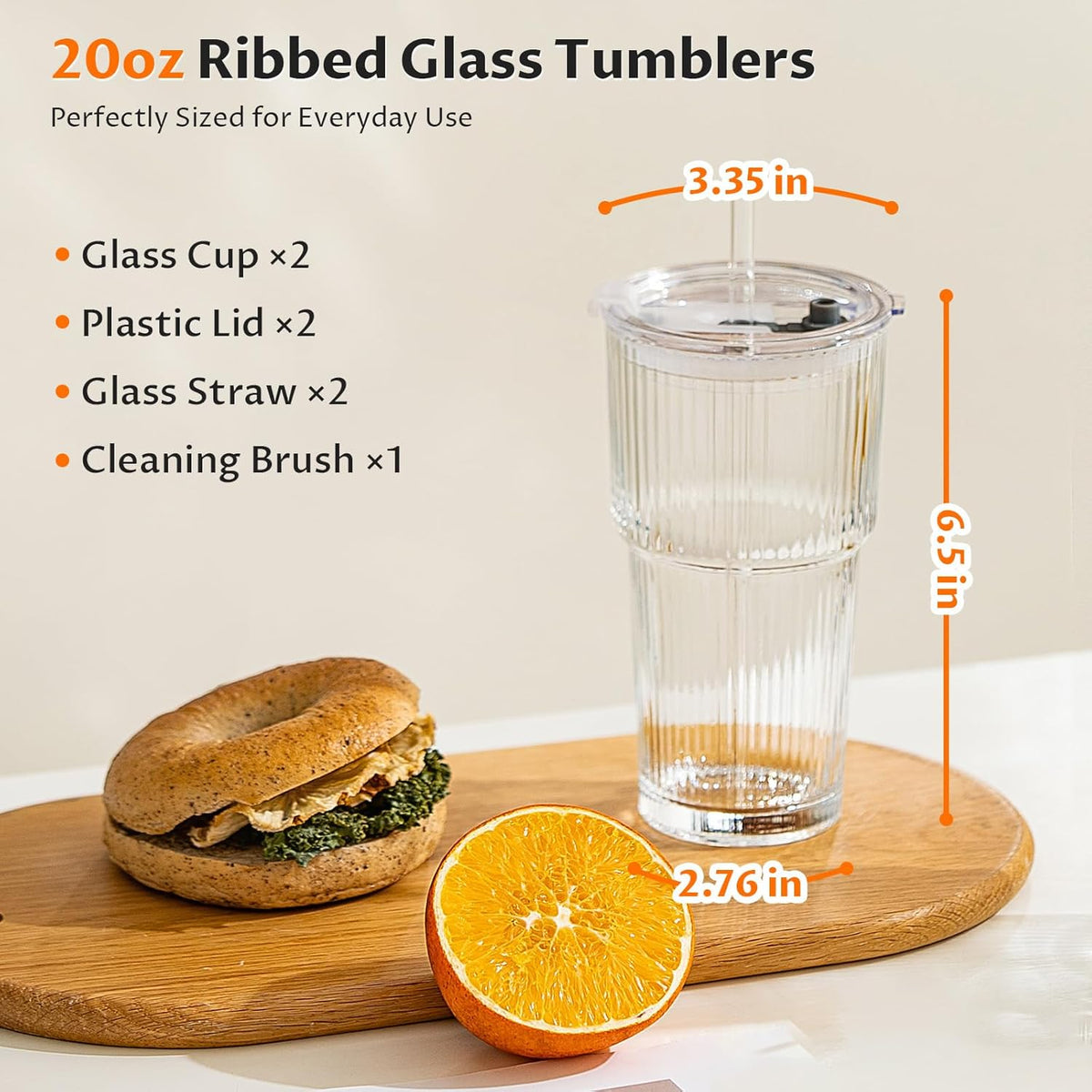 20oz Iced Coffee Cups with Lids, Glass Coffee Cups with Lids and Straws, 2P