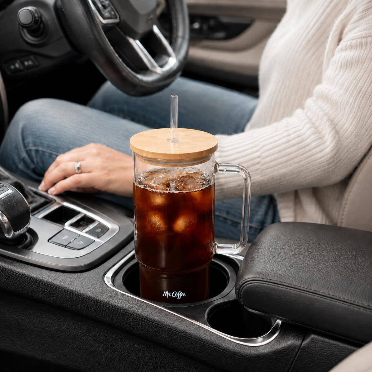 Mr. Coffee Crafted Calm 34 oz Borosilicate Glass Tumbler with Handle, Straw and Bamboo Lid, Iced Coffee Cup, BPA Free, Dishwasher Safe