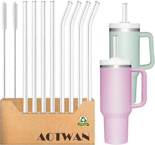 AOTWAN Glass Straws for Stanley 8pcs 40/30 oz Tumbler,12inch Replacement Straw for Stanley 4 Straight and 4 Bent with 2 Brushesh,Reusable Glass Straws for Stanley Cup