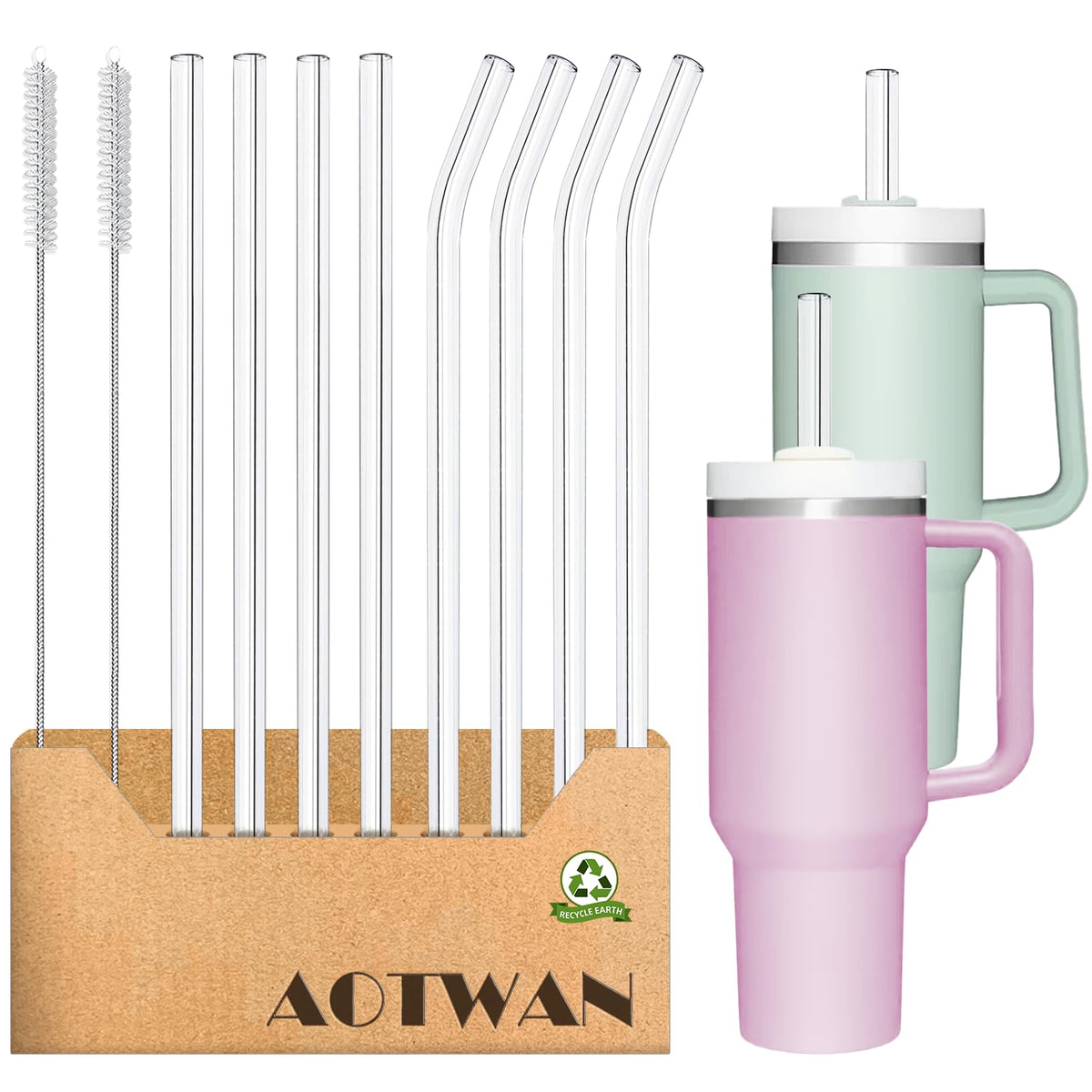 AOTWAN Glass Straws for Stanley 8pcs 40/30 oz Tumbler,12inch Replacement Straw for Stanley 4 Straight and 4 Bent with 2 Brushesh,Reusable Glass Straws for Stanley Cup