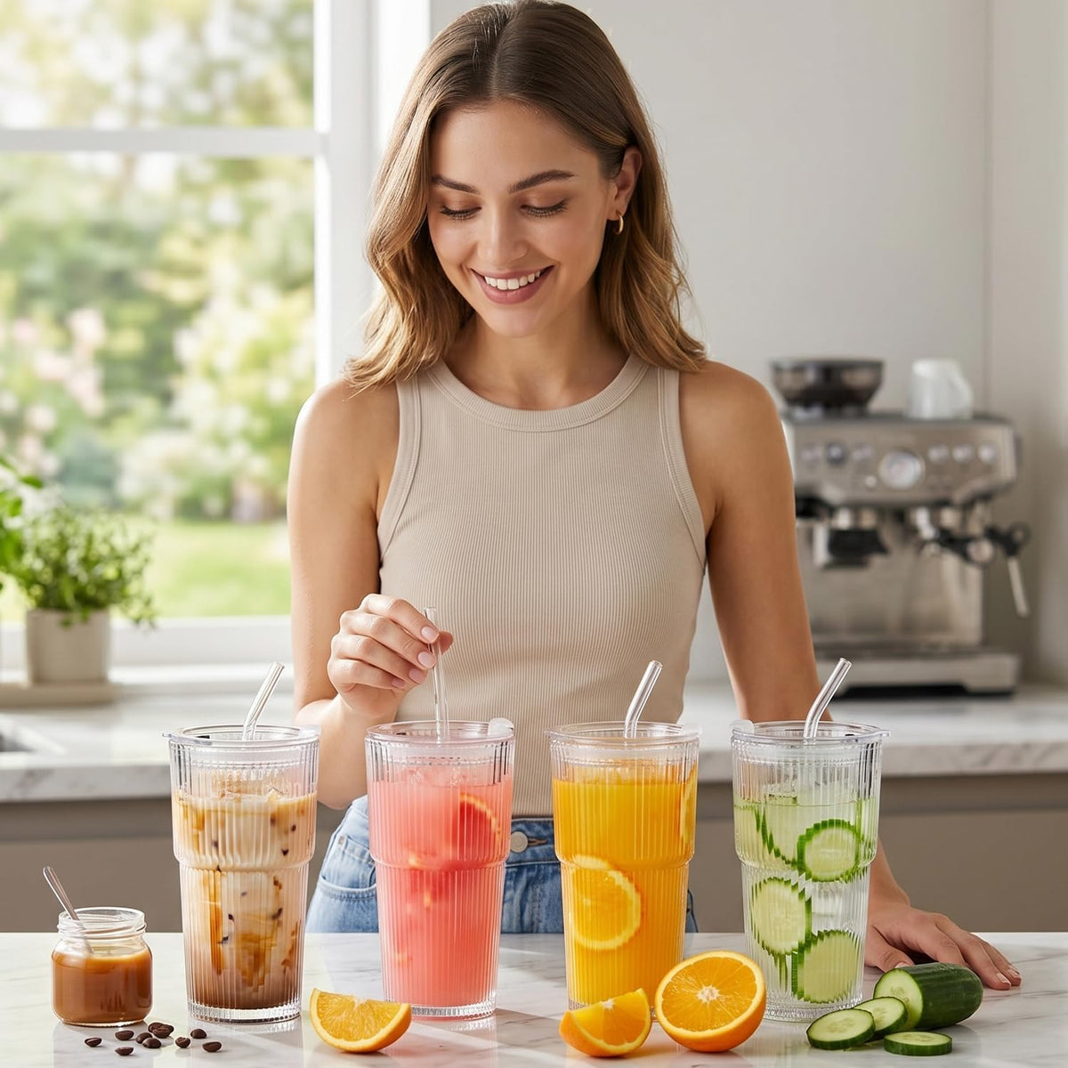 Wells 20oz Glass Cups with Lids and Straws, Ribbed Iced Coffee Cups, Thickened Drinking Glass Tumbler, Ideal for Coffee, Smoothies, Cocktails, and Juices, Clear, Set of 4