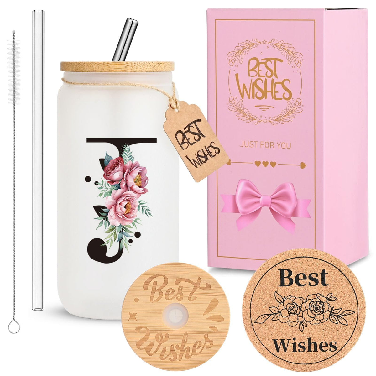 16oz Monogrammed Glass Tumbler, Frosted with Lid and Straw, Initial F