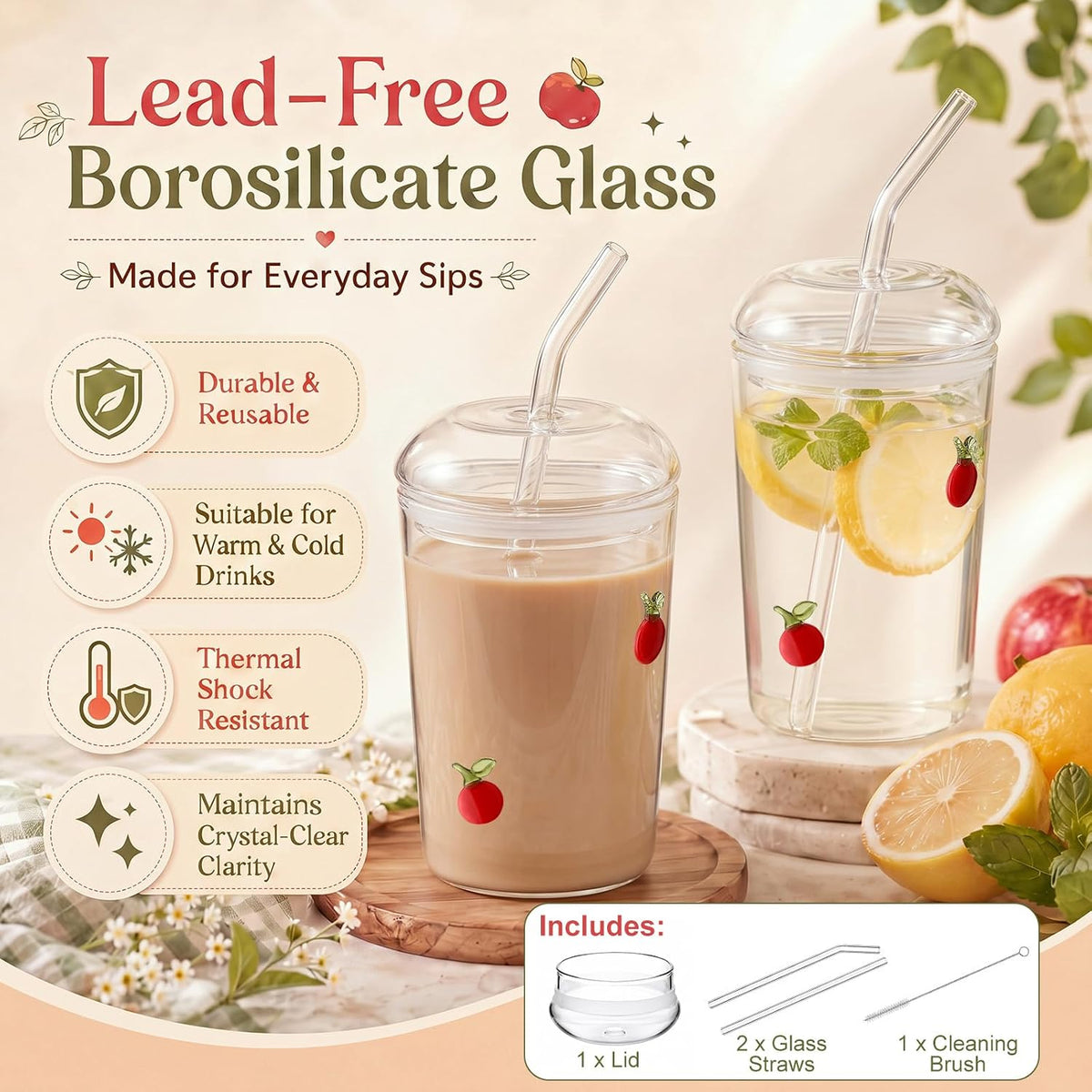 Rtteri Glass Cup with Dome Lid and Straw 17oz Apple Icon Juice Cute Tumbler