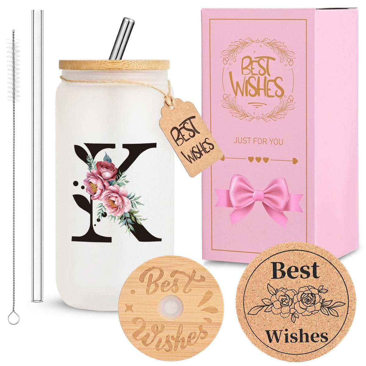 16oz Monogrammed Glass Tumbler, Frosted with Lid and Straw, Initial F