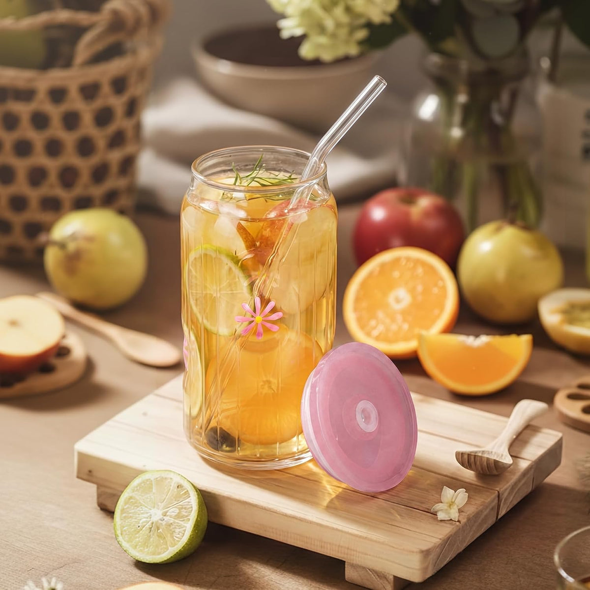 Joeyan 3D Daisy Glass Cup with Lid & Straw, 16oz Floral Iced Coffee Tumbler