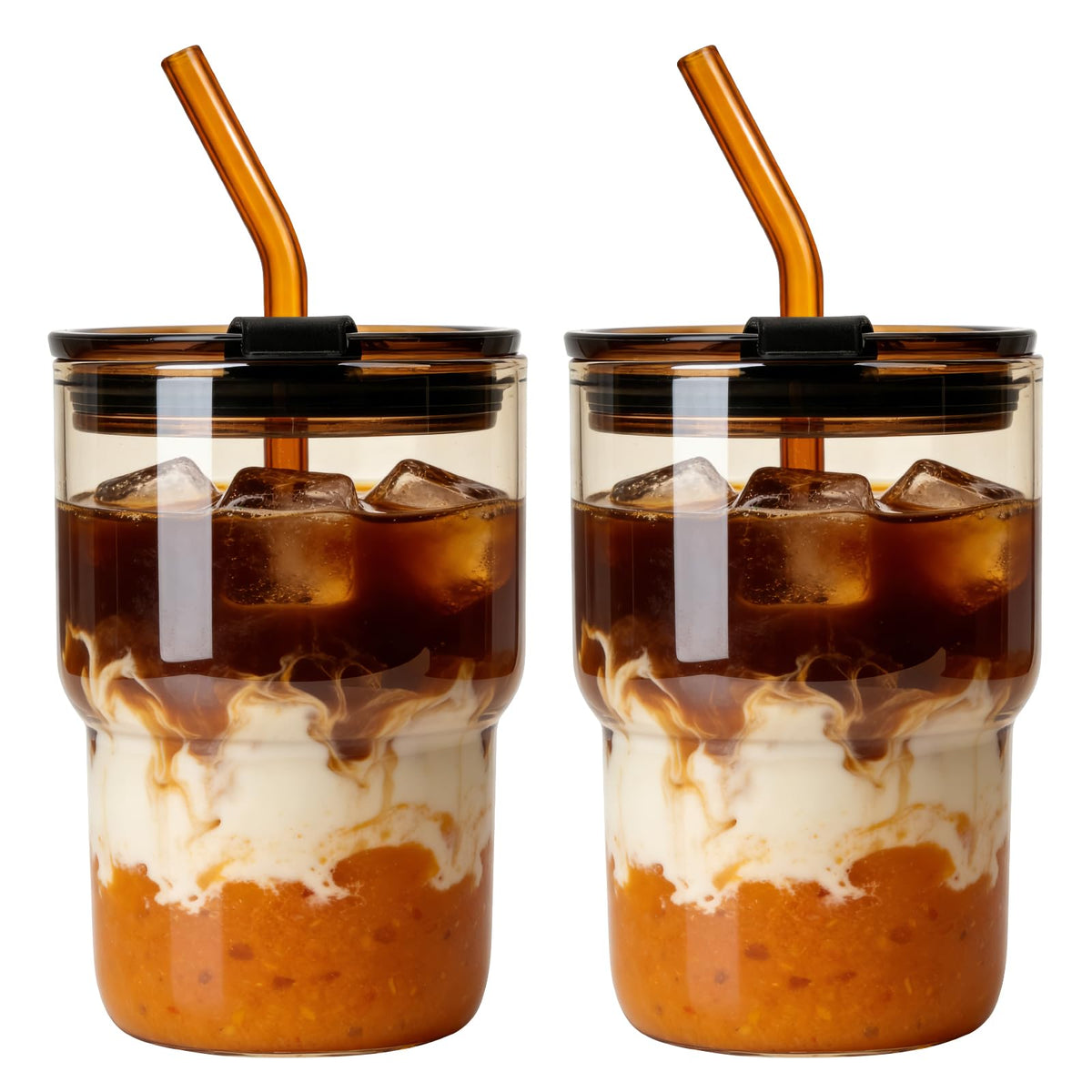 Luxfuel 16 oz Glass Cups with Lids and Straws Reusable Iced Coffee Tumbler