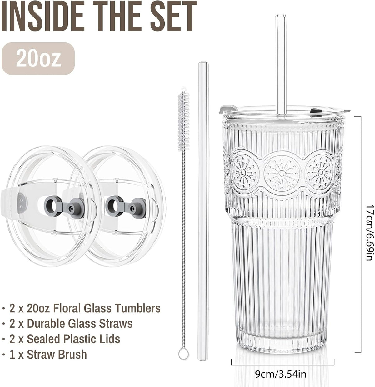 SoulTimes 20oz Ribbed & Floral Glass Tumbler with Lid and Straw – Iced Coffee Glasses Cups for Smoothie, Matcha, Juice, Water etc. Leakproof and Reusable Glassware Drinking for Travel To Go [2Pcs]