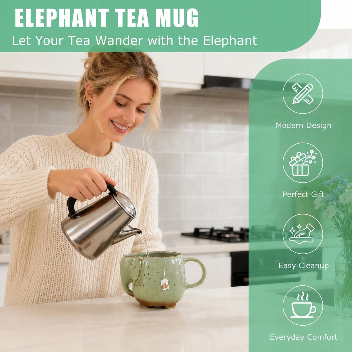 Elephant Mugs Unique Tea Mug for Women Tea Lover Ceramic Green 15 oz
