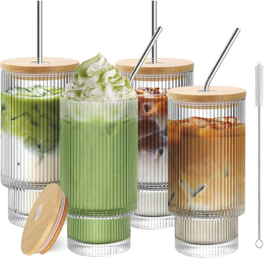 HIGIINC Iced Coffee Cups with Lids 4 Pcs - 16 OZ Glass Cups with Lids and Straws, Reusable Ice Coffee Tumbler, Clear Ribbed Drinking Glasses for Matcha, Smoothie, Ice Tea, Lemonade