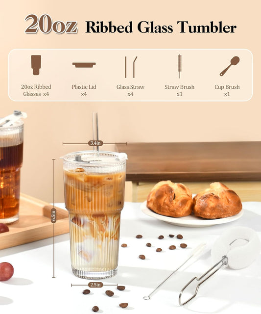 Amyoole 20 oz with Lids and Straws Ribbed Glass Cup Set of 4