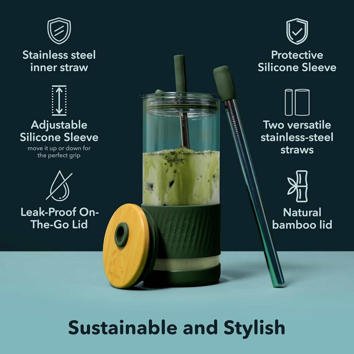 Pandaloo® Glass Cups With Lids and Straws -20 Fl Oz- Perfect Size Iced Coffee Cup - Smoothie Cup With Bamboo Lid and On the go Lid (Creamy Mushroom, 1 Count (Pack of 1)