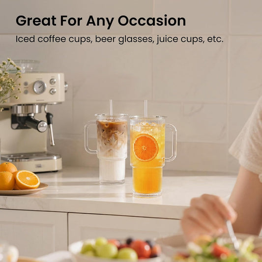 INSETLAN 24 oz Ribbed Glass Tumbler with Handle, 2-Pack Iced Coffee Cups