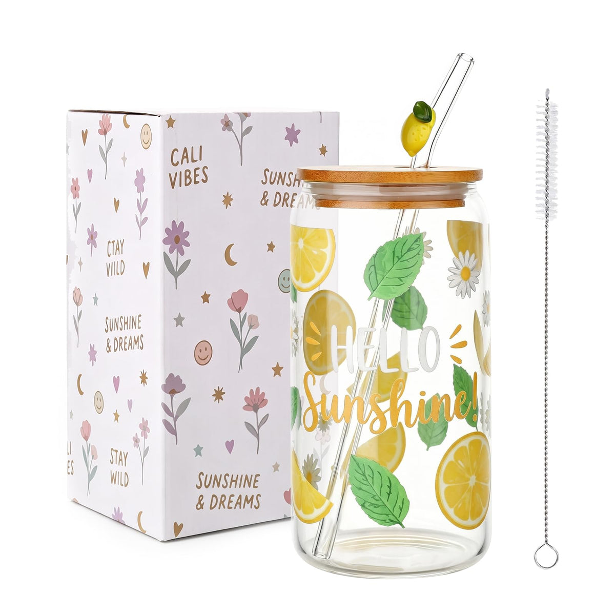 Aesthetic Glass Cups with Lids and Straws, 16oz Ocean Print Glass Tumbler with Bamboo Lid and Glass Straw, Cute Summer Drink Cup for Women, Iced Coffee Matcha Cup, Birthday Gifts