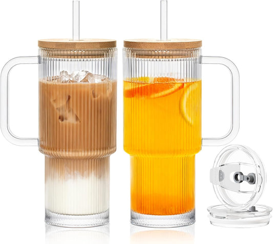 SoulTimes 24oz Ribbed Glass Tumbler with Handle and Bamboo Lid, Set of 2 Glass Cups with Lids and Straws for Coffee, Tea, Juice and Smoothies, Reusable Iced Coffee Cups Includes 2 Sealed Plastic Lids