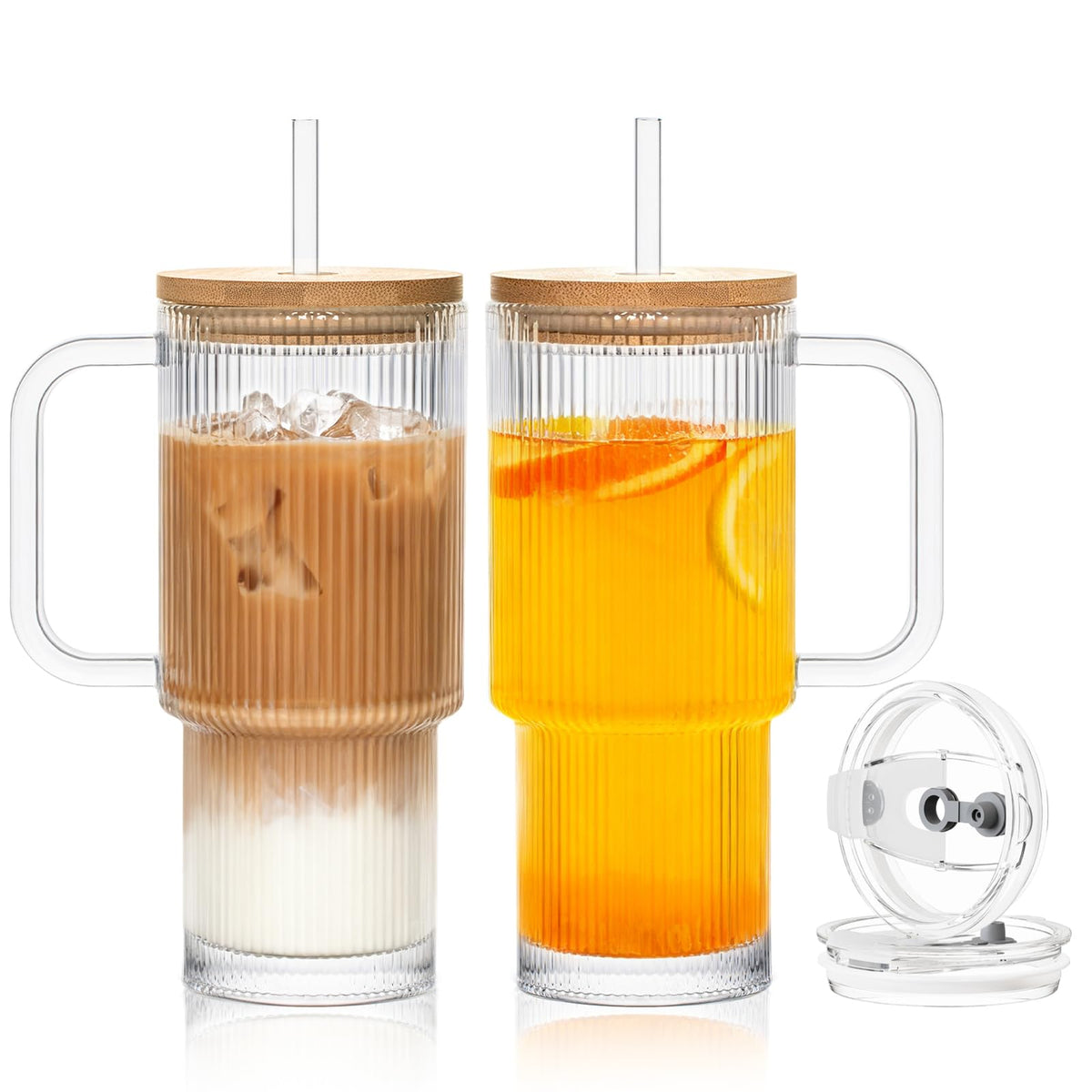 SoulTimes 24oz Ribbed Glass Tumbler with Handle and Bamboo Lid, Set of 2 Glass Cups with Lids and Straws for Coffee, Tea, Juice and Smoothies, Reusable Iced Coffee Cups Includes 2 Sealed Plastic Lids