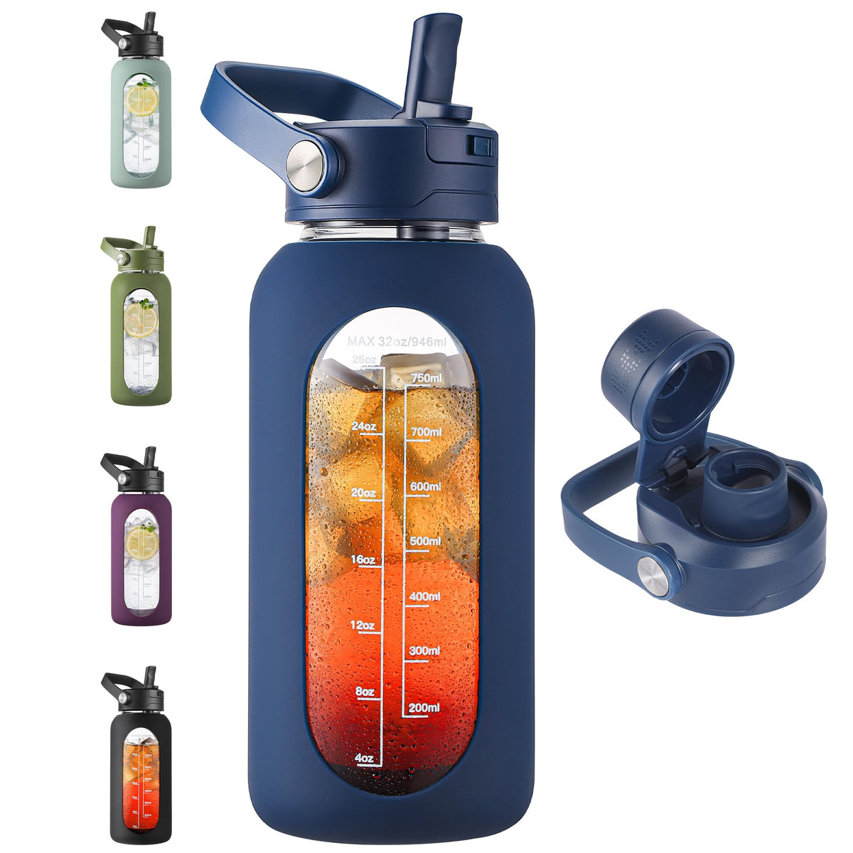 CIVAGO 64 oz Glass Water Bottle Jug with Detachable Straw and Time Maker