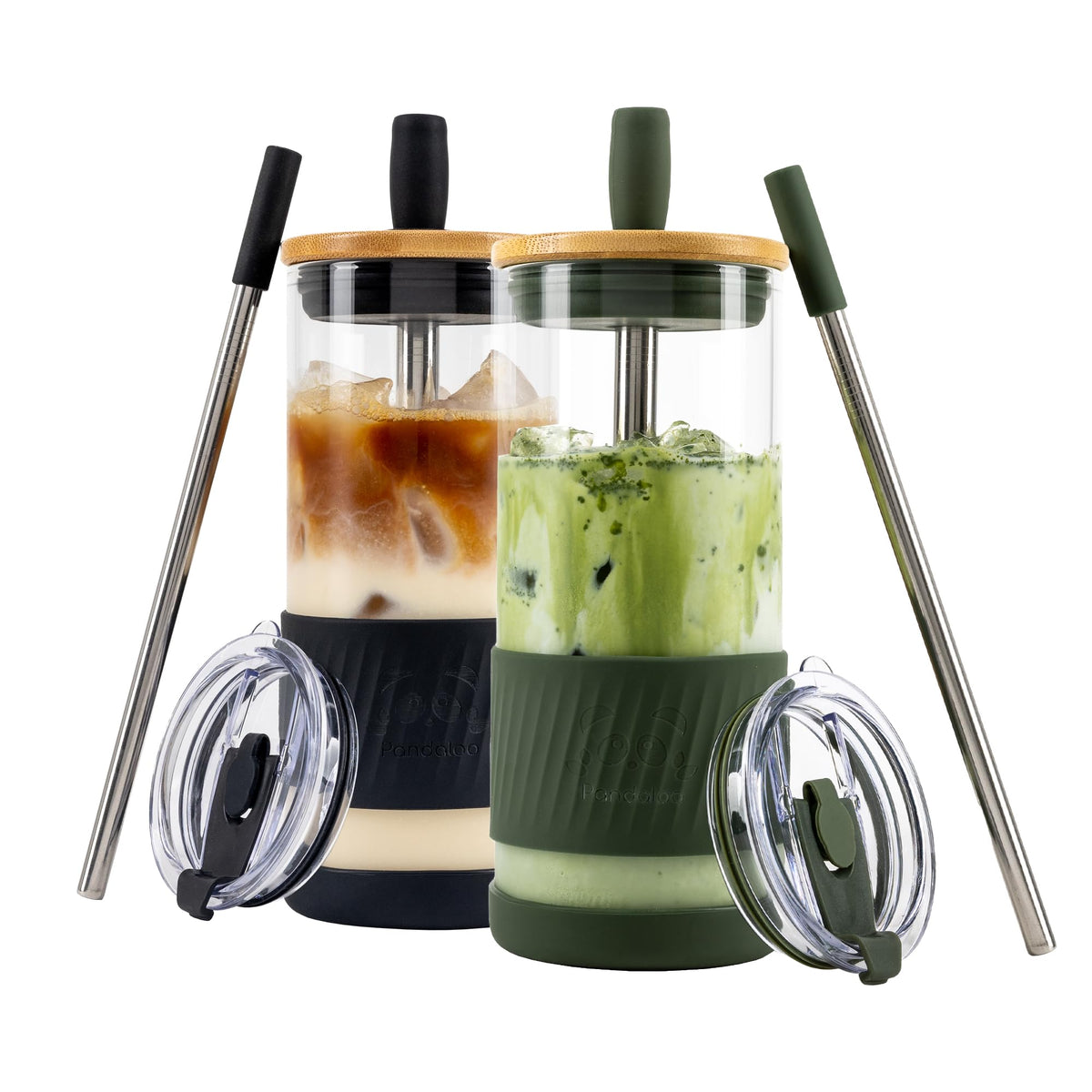 Pandaloo® Glass Cups With Lids and Straws -20 Fl Oz- Perfect Size Iced Coffee Cup - Smoothie Cup With Bamboo Lid and On the go Lid (Creamy Mushroom, 1 Count (Pack of 1)