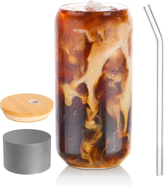 Drinking Glasses with Lid, Straw, 16oz Glass Cup Iced Coffee Tumblers, 1 Pc