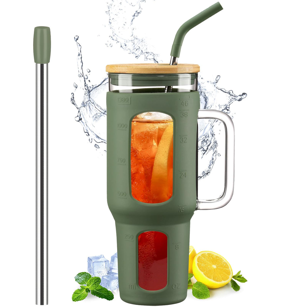 WINSA Glass Tumbler with Straw and Lid, 40 oz, Olive