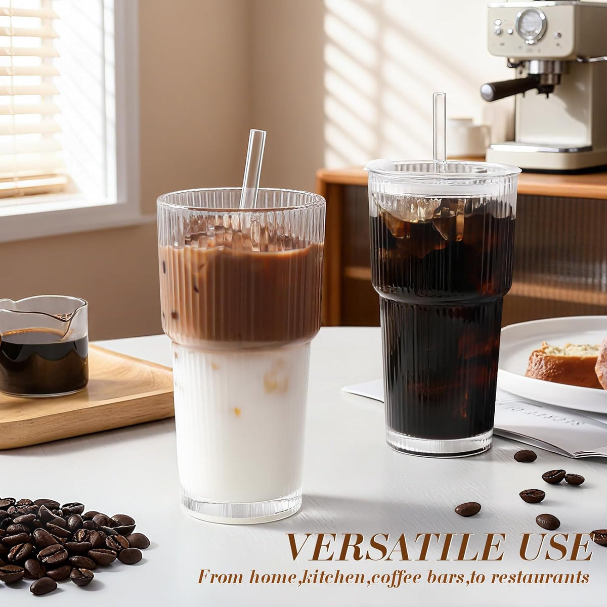 Iced Coffee Cups with Lids,Glass Cups with Lids and Straws,2 Coffee Tumbler
