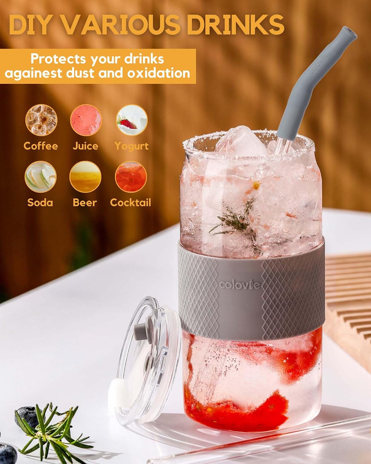 ColoVie Glass Tumbler with 3 IN 1 Lids and Glass Straws(Extra Silicone Tips), Silicone Protective Sleeve, Iced Coffee Cup, Travel Water Bottle, Soda Beer Glass Cups, Hot Tea-White 20oz 1pc