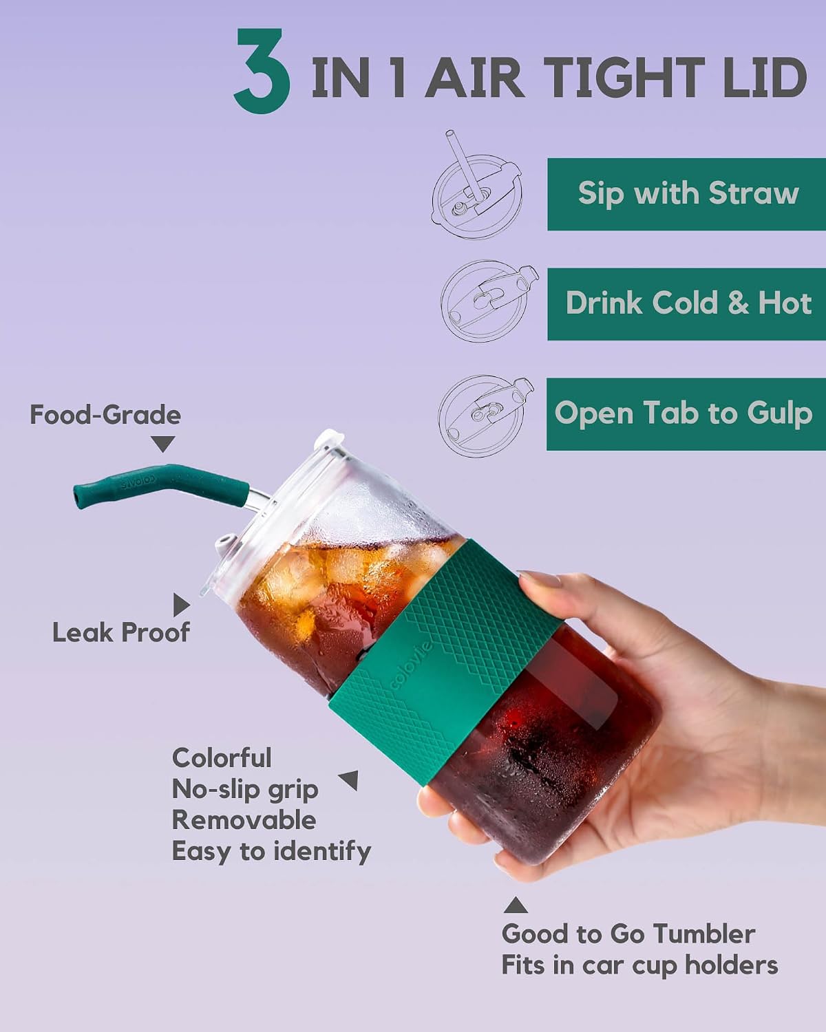 ColoVie Glass Tumbler with 3 IN 1 Lids and Glass Straws(Extra Silicone Tips), Silicone Protective Sleeve, Iced Coffee Cup, Travel Water Bottle, Soda Beer Glass Cups, Hot Tea-White 20oz 1pc